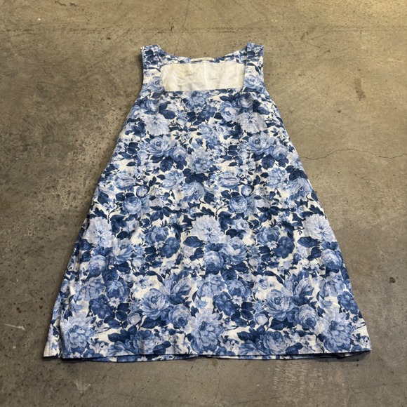 Abercrombie & Fitch Women's Blue Floral Linen Wide Strap Mini Dress Sz LP Boho - Picture 2 of 8